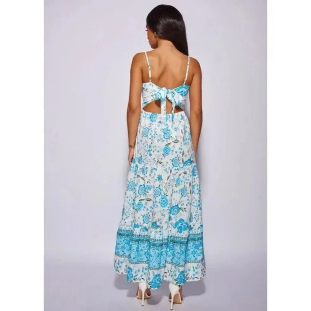 Blue Floral Print V-Neck Open Back Tiered Maxi Dress - Picture 4 of 15